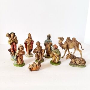 9pc Hand-Painted Vintage Italian Chalkware Nativity Set & Fontanini Camel